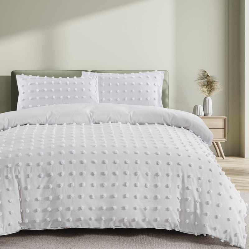 Weiches Flanell-Bettbezug-Set mit Punktmuster und weißen Pompons – Bettwäsche im skandinavischen Stil für Queen- und Kingsize-Betten_voghion.com