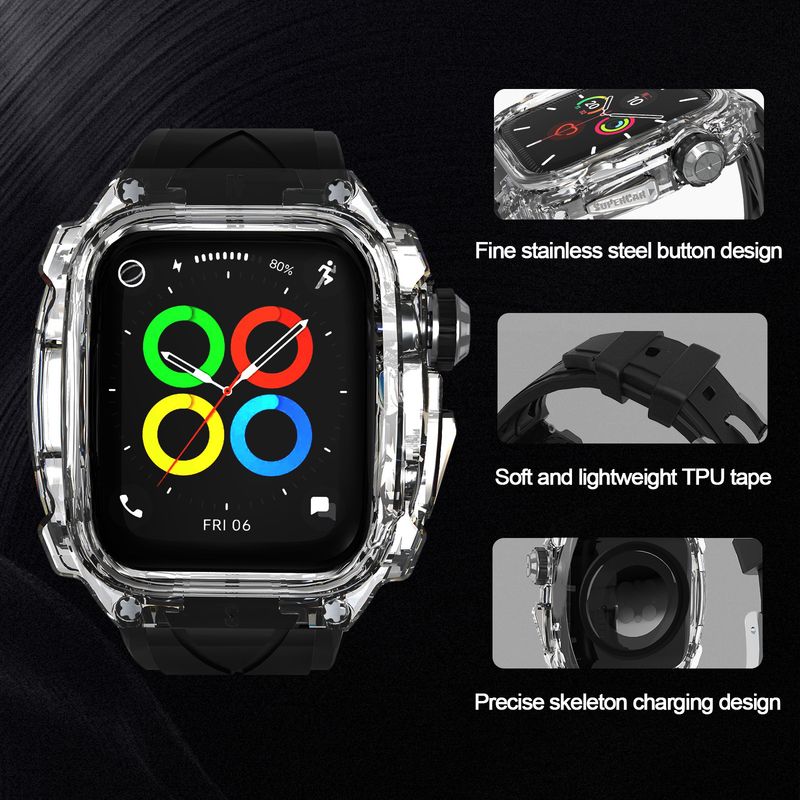 Odnosi se na remen Apple Watcha, super trčanje, kontrastna boja, prozirna crna, integrirani remen appleiwatch9876 44/45 mm_voghion.com