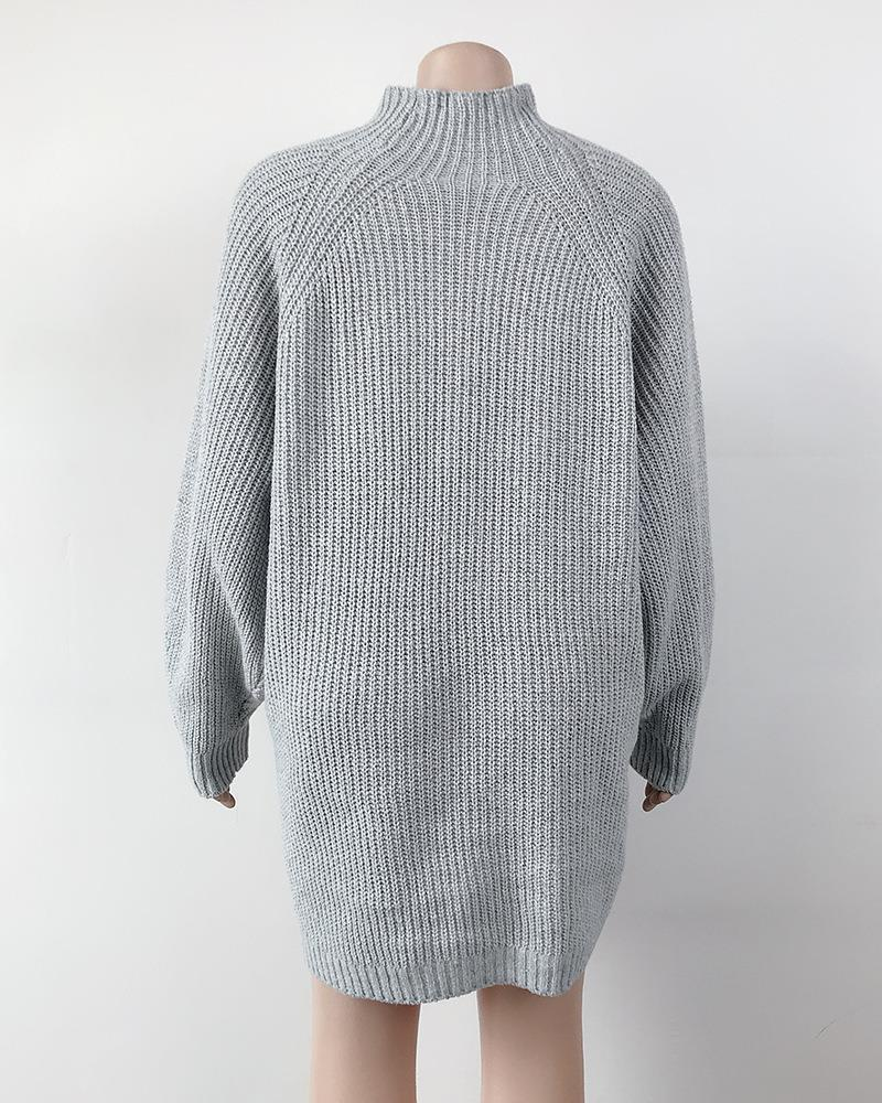 Knitted Sweater Mid-Length Raglan Sleeve Half Turtleneck Sweater Dress_voghion.com