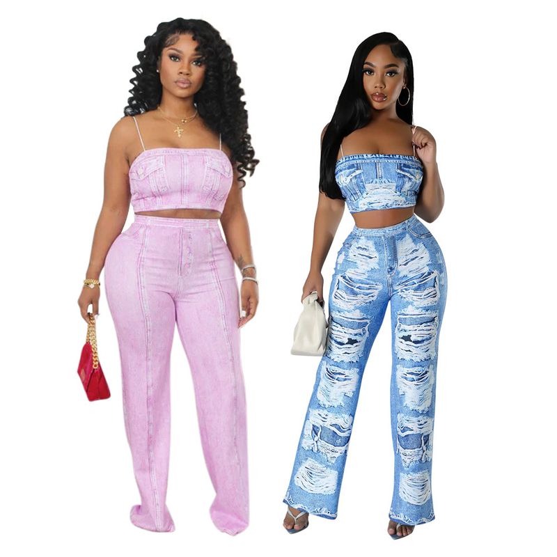 Conjunto de top corto sin mangas y pantalón acampanado: conjunto estampado de dos piezas para mujer_voghion.com