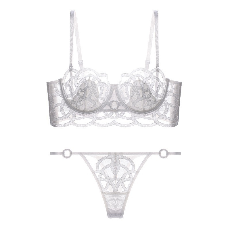 Conjunto de sujetador de lencería francesa para mujer, de malla fina y sexy, con gran pecho y una pequeña colección de pechos laterales fruncidos._voghion.com