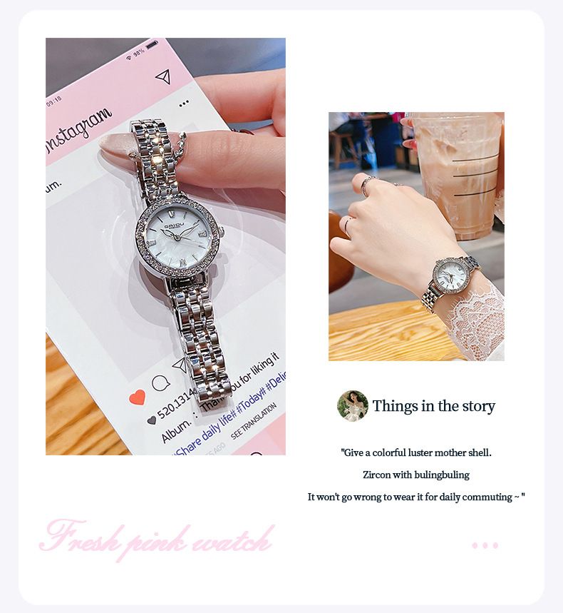 Montre élégante pour femme avec accents de diamants, cadran en nacre, bracelet en acier inoxydable, mouvement à quartz résistant à l'eau._voghion.com