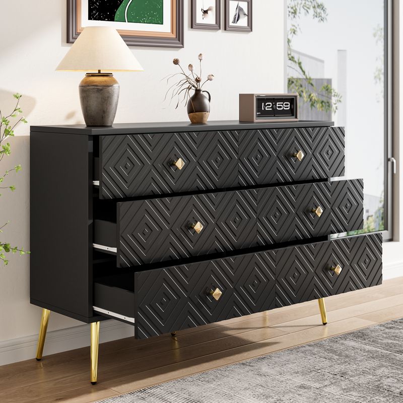 Kommode Schwarz 120x80cm Mit 6 Schubladen, Gold-Akzenten, Metallbeinen_voghion.com
