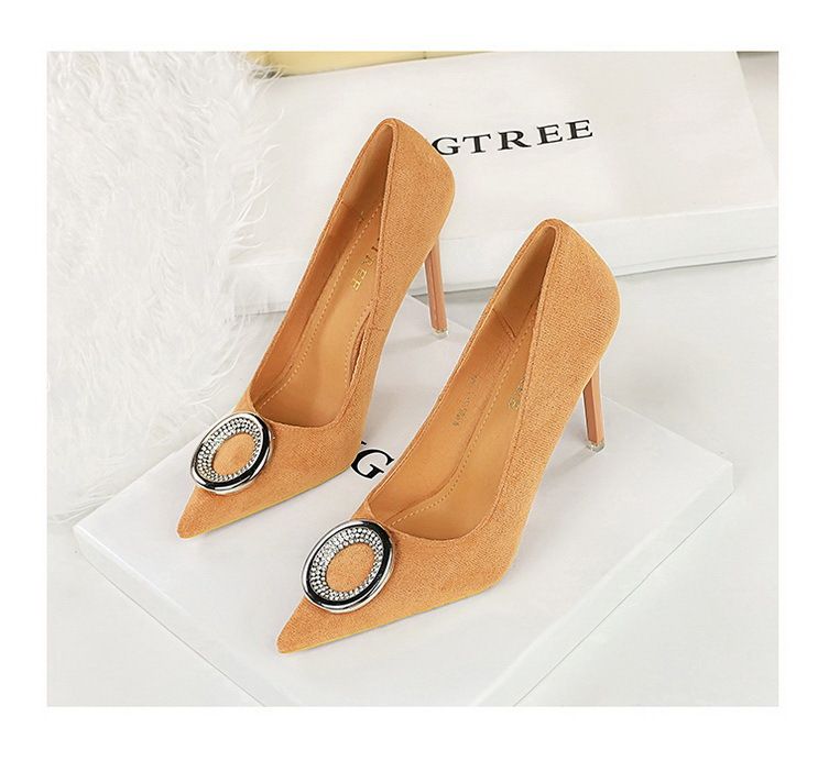 Sapatos femininos de banquete pedicure salto fino super alto camurça boca rasa pontudo metal strass fivela sapatos únicos salto alto_voghion.com