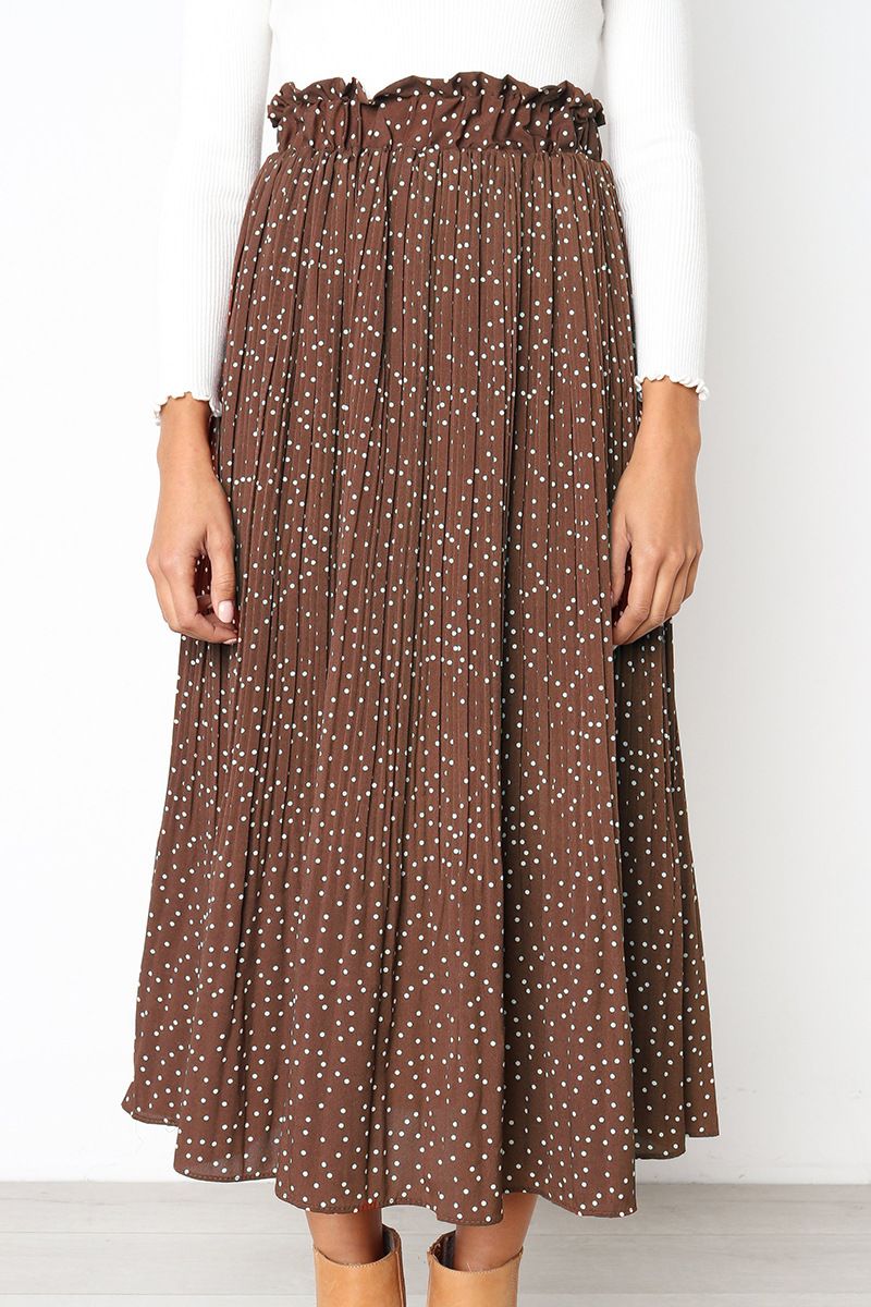Heißer verkauf Weiß Dots Floral Print Plissee Midi Rock Frauen Elastische Hohe Taille Seite Taschen Röcke Sommer Elegante Weibliche Unten_voghion.com