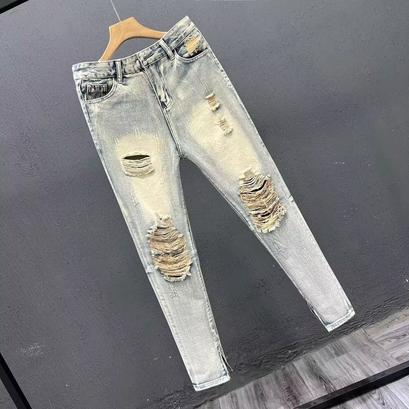 Herrkläder high street tvättad katt morrhår hål smala jeans herr smala fötter dragkedja byxor byxor_voghion.com