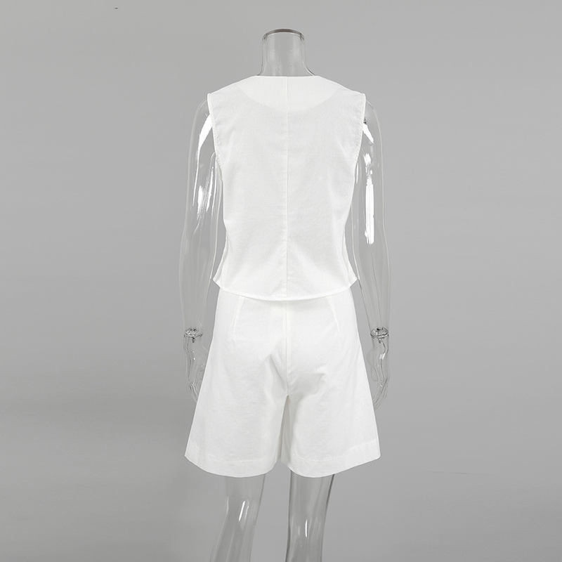 Women's cotton and linen suit vest women's summer casual sleeveless vest shorts two-piece set_voghion.com