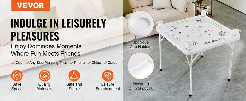 VEVOR Mahjong Table 4 Player Folding Card Table & 4 Cup Holders Chip Trays White_voghion.com