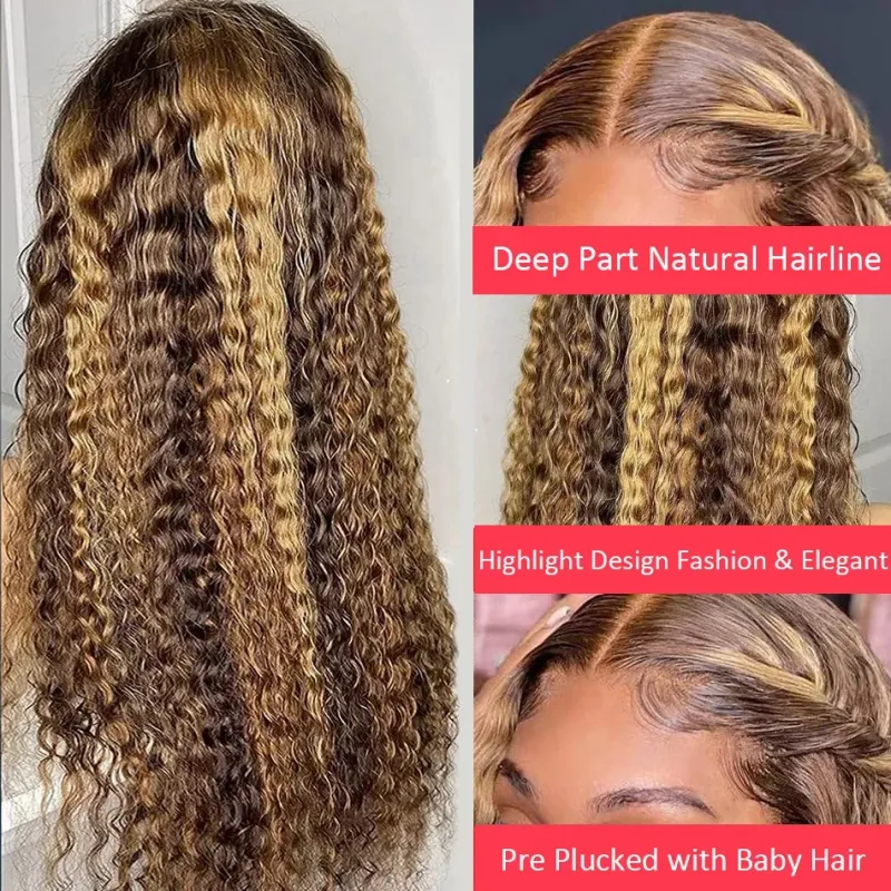 Parrucca di capelli umani con onde profonde, bionda miele, parrucca frontale in pizzo riccia, parrucche senza colla da donna_voghion.com