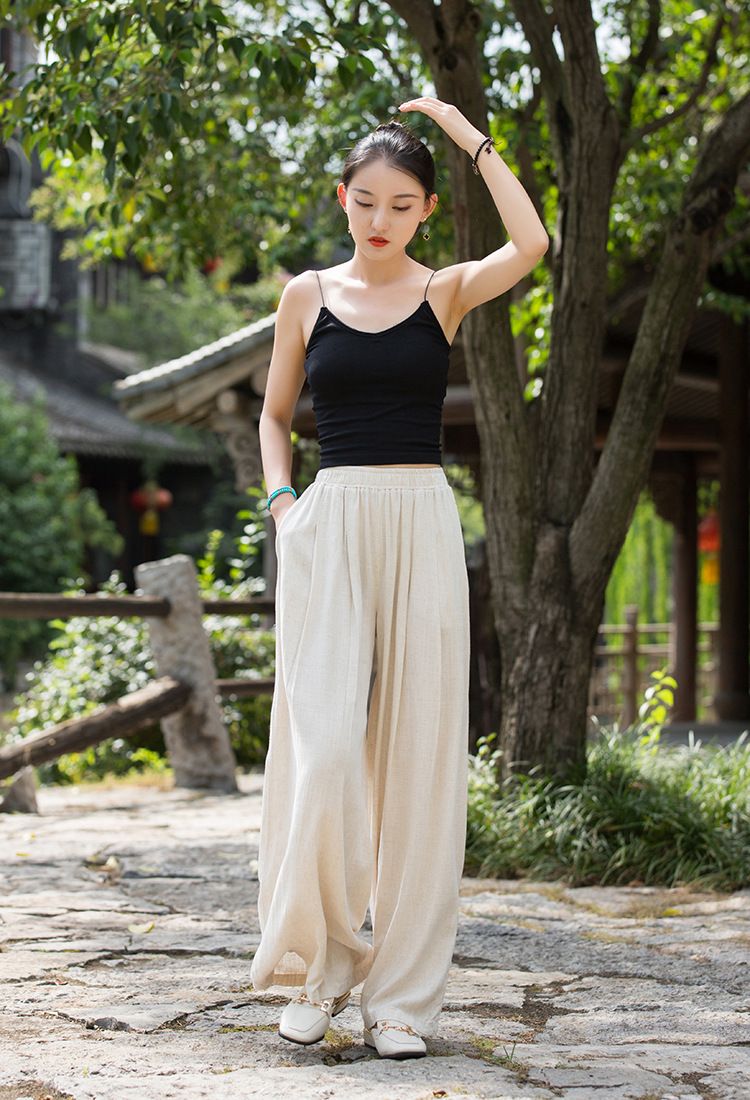 Women's Clothing Textured Linen Versatile Version Lengthen Legs Elegant and Chic Women's Skirt Pants Wide-leg Pants_voghion.com
