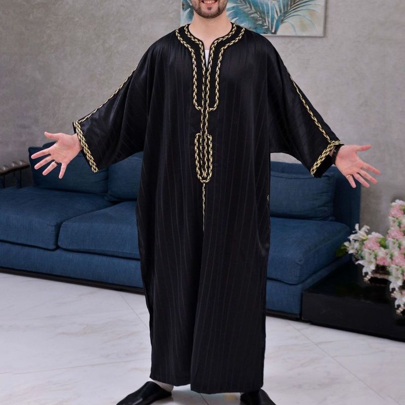 Männer Muslimischen Sommer Mode Lose Robe Islam Kaftan Männer Kleidung Dubai Luxus Muslimischen Abaya Muslimischen V-ausschnitt Kurzarm Druck_voghion.com