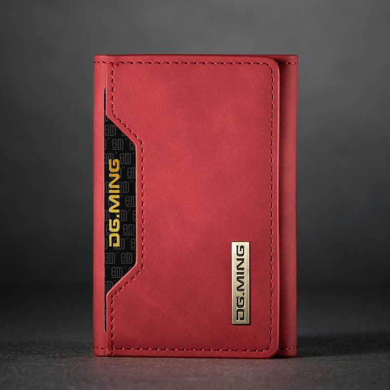 DG.MING roter dreifach gefalteter Kartenhalter für Damen, hochwertiger Retro-Kartenhalter aus PU-Leder, multifunktionaler magnetischer kleiner Kartenhalter_voghion.com