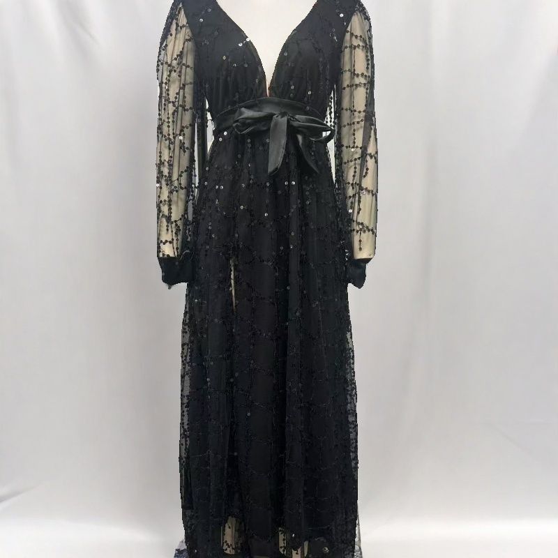 Langes Abendkleid für Damen, elegant, Herbst/Winter, neue schwarze Seiden-Mesh-Pailletten, auffälliges Kleid für Partys, formelle Anlässe, Vestidos_voghion.com