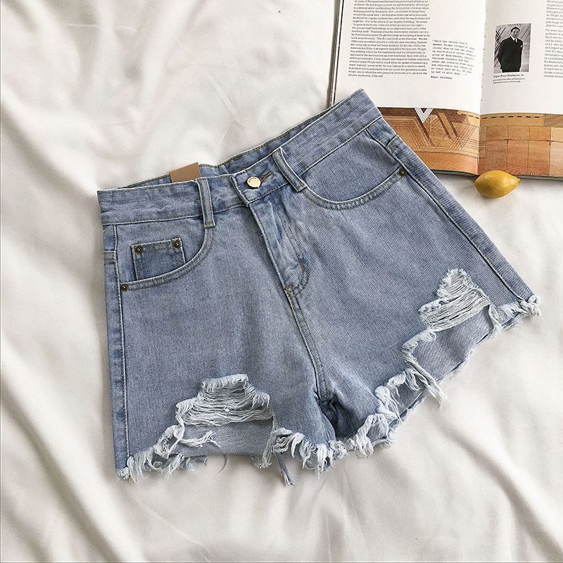 Women's Clothing Light Colored Denim Shorts Women's High Waisted Light Wash Denim Shorts With Distressed Hem & Ripped Details - Stretchy Comfort Fit_voghion.com