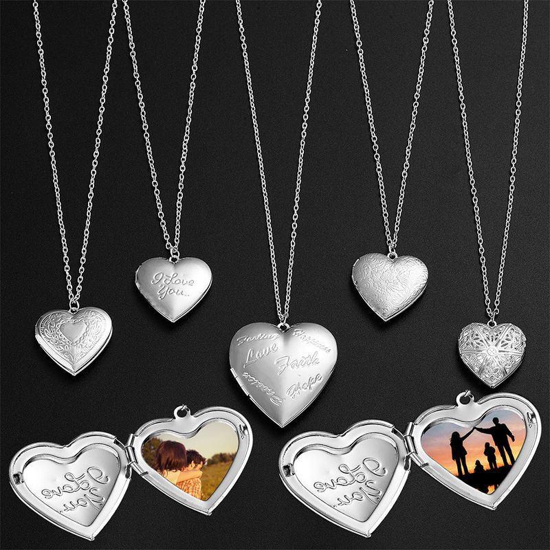New Carved Peach Heart Openable Frame Box Photo Pendant Necklace For Women Silver Plated_voghion.com
