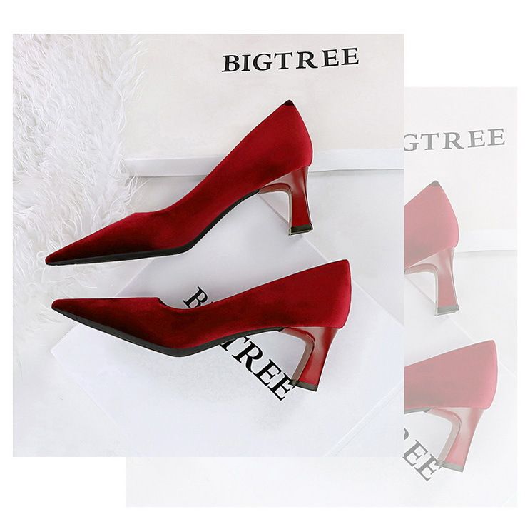 6188-9 Zapatos sencillos de moda para banquetes, de tacón alto y grueso, de gamuza y terciopelo del oeste, con boca poco profunda y puntiagudos_voghion.com