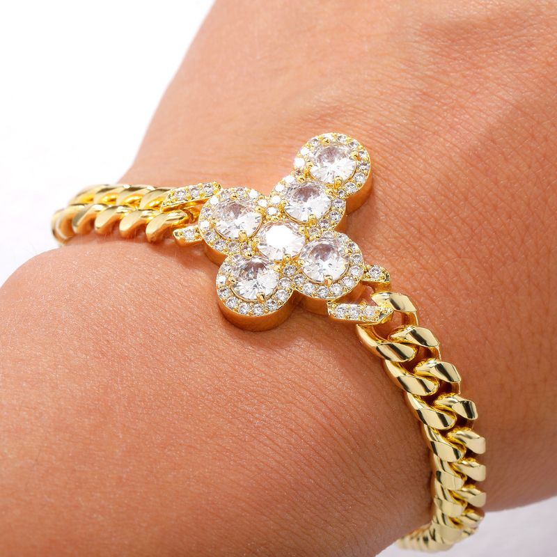 Men's Jewelry 8MM Cuban Link Chain With Four-Leaf Clover & Cross Pendant, Spring Clasp, Zirconia Accents, Gold Tone, Unisex Hip Hop Style Bracelet_voghion.com