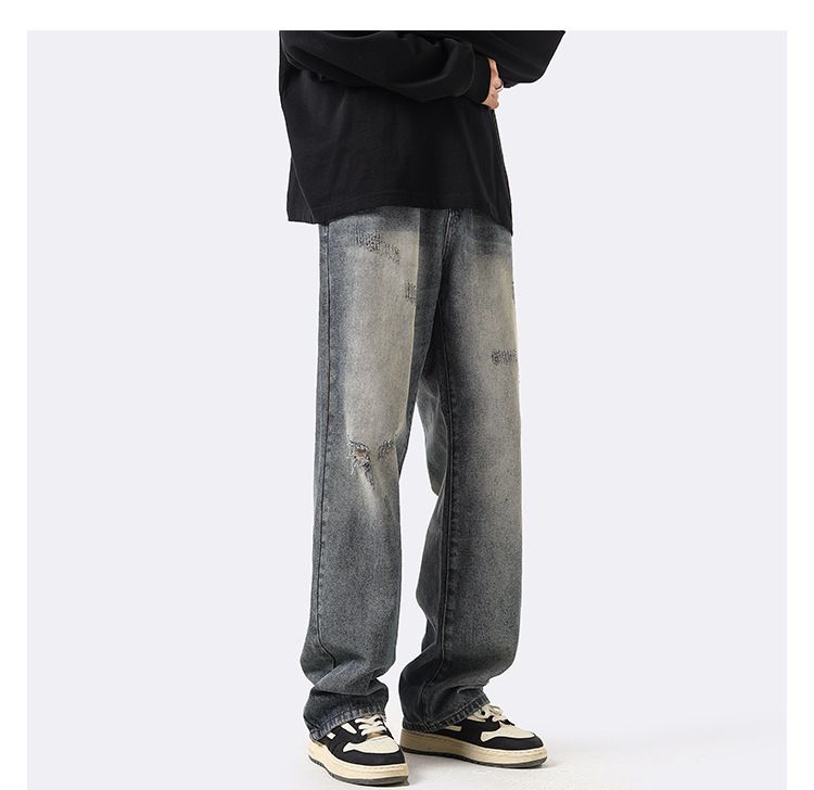 Amerikaanse Vintage Straight Loose Washed Denim Jeans Voor Heren, Herfst En Winter Ins Trendy High Street Broeken, Casual Wijde_voghion.com