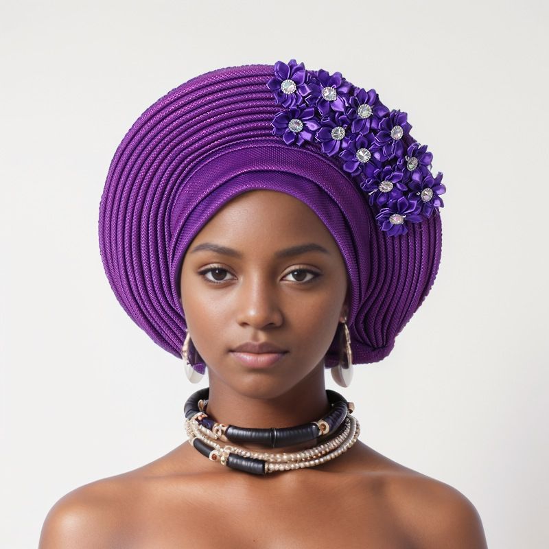 Elegante copricapo a strati in pizzo decorato per matrimoni e feste - Fascia per la testa in gele regolabile in più colori Cappello Baotou Aoto Gele_voghion.com