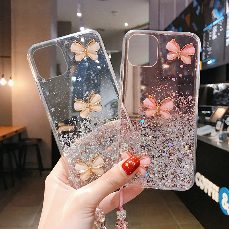 Luxury Cute Bling Glitter Lanyard Silicone Phone Case For iPhone 14 13 12 11 Pro XS Max SE XR X 8 7 Plus Ultra-thin Strap Cover_voghion.com