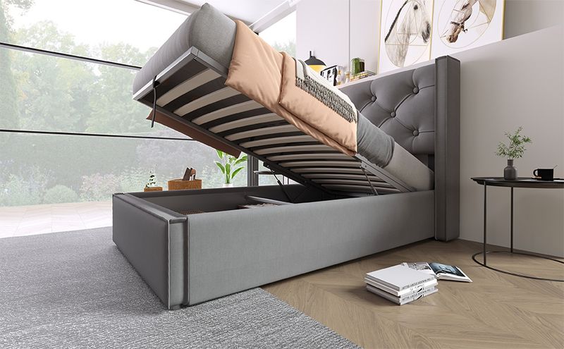 Lit simple avec rangement hydraulique 90 x 200 cm, matelassé avec sommier à lattes métalliques, cadre de lit moderne en coton gris._voghion.com