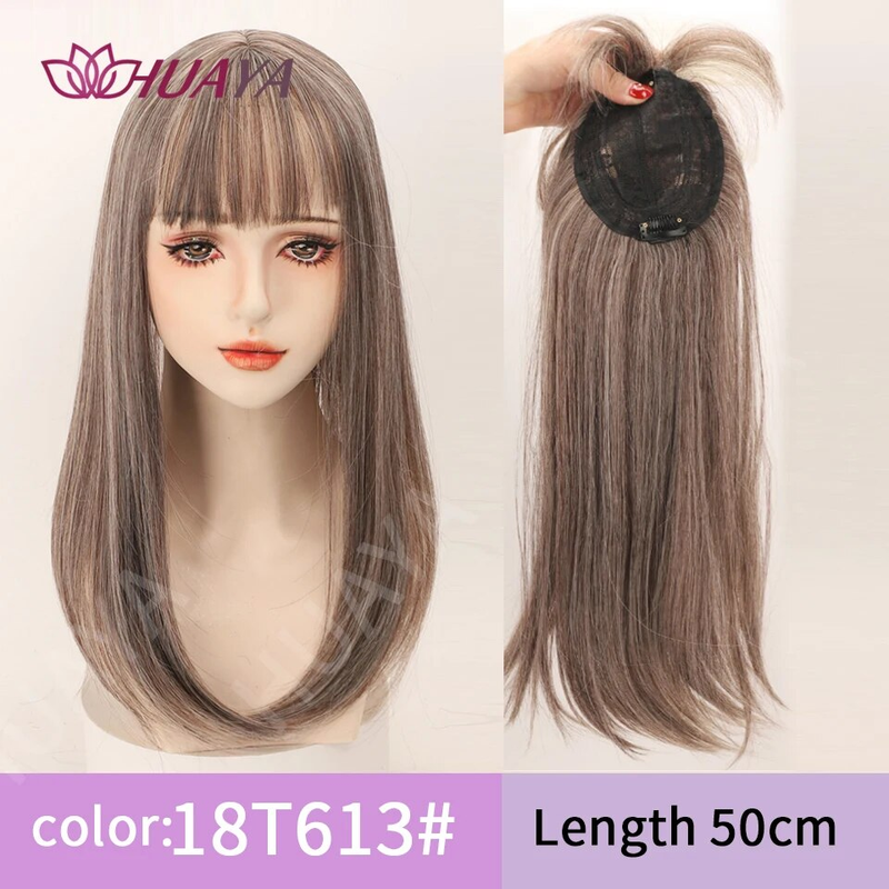 Synthetische lange gerade Topper-Perücke in Extensions, natürliches, flauschiges Kunsthaarteil mit Pony-Clip, Schwarzbraun_voghion.com