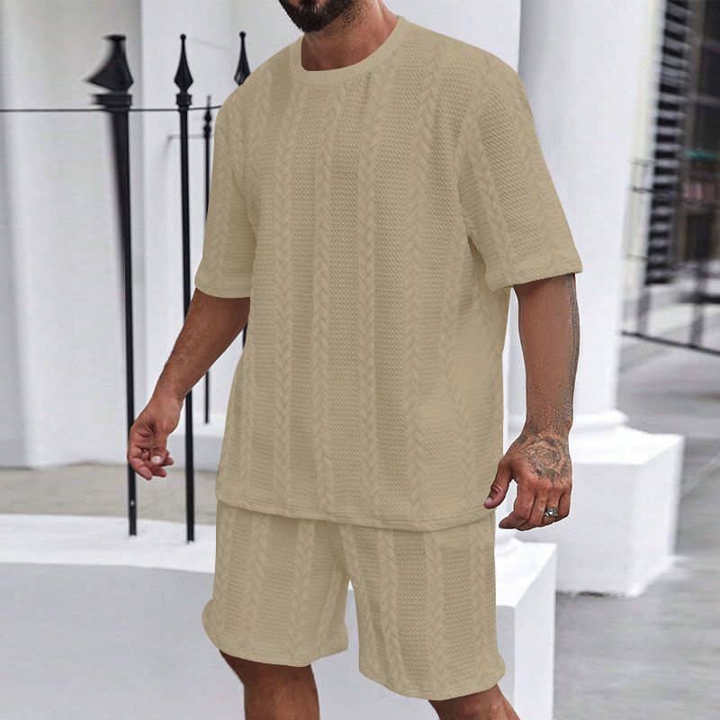 24 Strick-Set aus einfarbigem Jacquard, Sommer, lässig, Rundhalsausschnitt, Pullover, Kurzarm, Shorts, Sport-Set für Herren_voghion.com