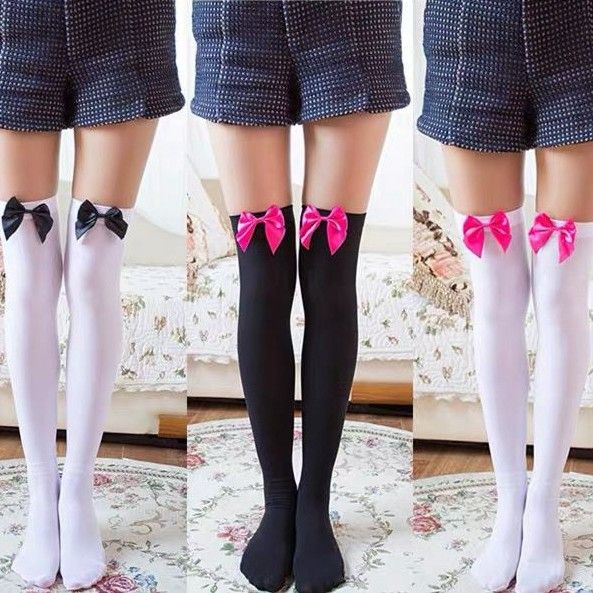 Calzini lunghi in velluto con fiocco Temptation da donna, sopra il ginocchio, di medio spessore_voghion.com