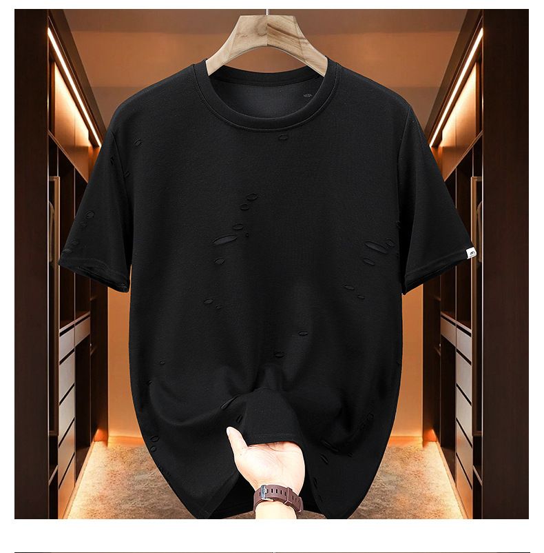 Herrkläder Nya Trendiga Märken Hål Kortärmad Herr T-shirt Stor Storlek Ledig Sommar Plus Tjock Plus Casual Super Tjock_voghion.com