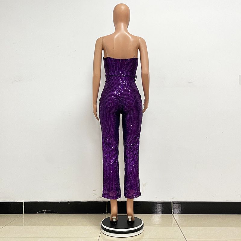 Dametøj Ærmeløs pailletterbæltejumpsuit ensfarvet tubetop rygløs jumpsuit_voghion.com
