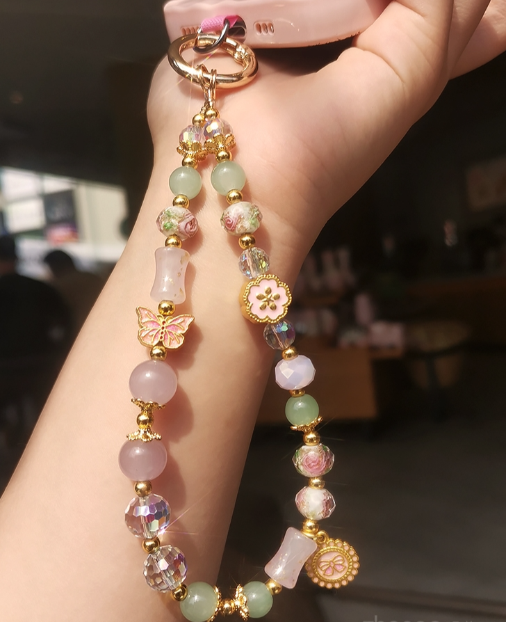 Mobiltelefon-kötél, kínai stílusú üvegvirág medál karkötő, női lánc, rövid csuklódíszes lánccsipesz,_voghion.com