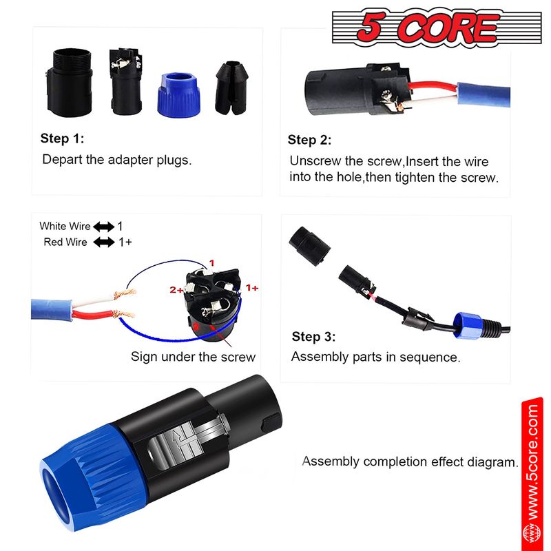 5 Core 4 Pole Speakon Connector 6 Pieces with Twist Lock Audio Jack Male Plug – Loud Speaker to Amplifier Plug - 4 Conductor Speak-On Cable Adapter Re_voghion.com