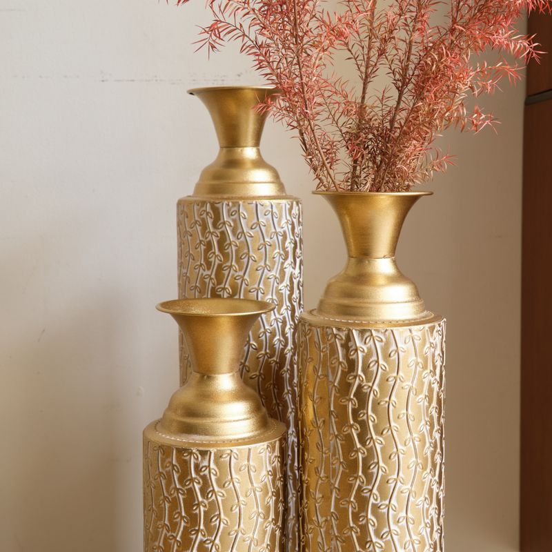 Metal Decorative Vases High Distress Metal Center Vases With Growing Vine Patterns, Set Of 3 Vases For Home Decoration 34 ", 29 ", 25 "H, Gold_voghion.com