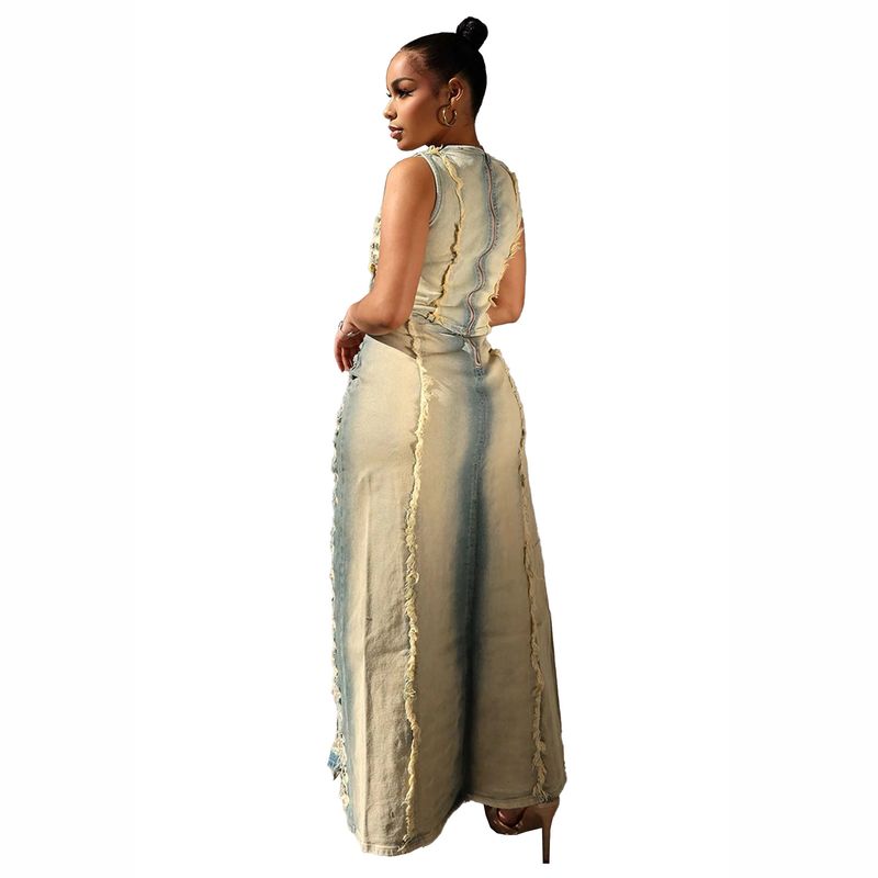 Women’s Clothing women's denim suits, cross border women's fashion, personalized hand worn vest, high slit denim skirt suit_voghion.com