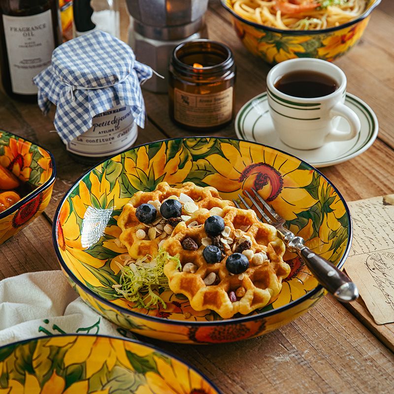 Premium Bone Sunflower Plates Set Of 2 - 8.5 Inch Round Luxury Dinnerware With Polish Underglaze Floral Art - Elegant Retro Tableware For Daily Use_voghion.com