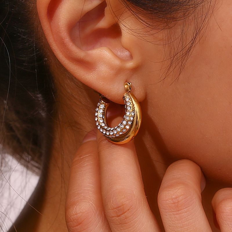 Irregular Zircon Inlaid Thick C-Shaped Hoop Stainless Steel Gold-Plated Fashion Commuter Earrings For Women_voghion.com