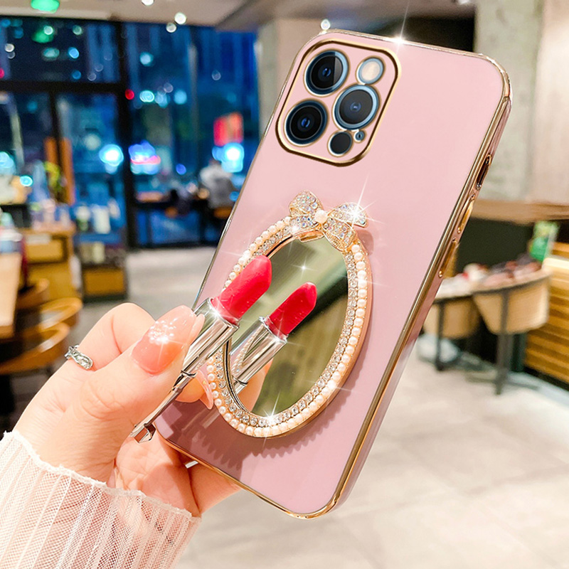 Custodia a specchio ovale con fiocco per Samsung A05S A73 A21S A34 A12 A54 A25 A33 A24 A32 5G A23 A53 A13 4G A14 A04S Braccialetto da polso_voghion.com