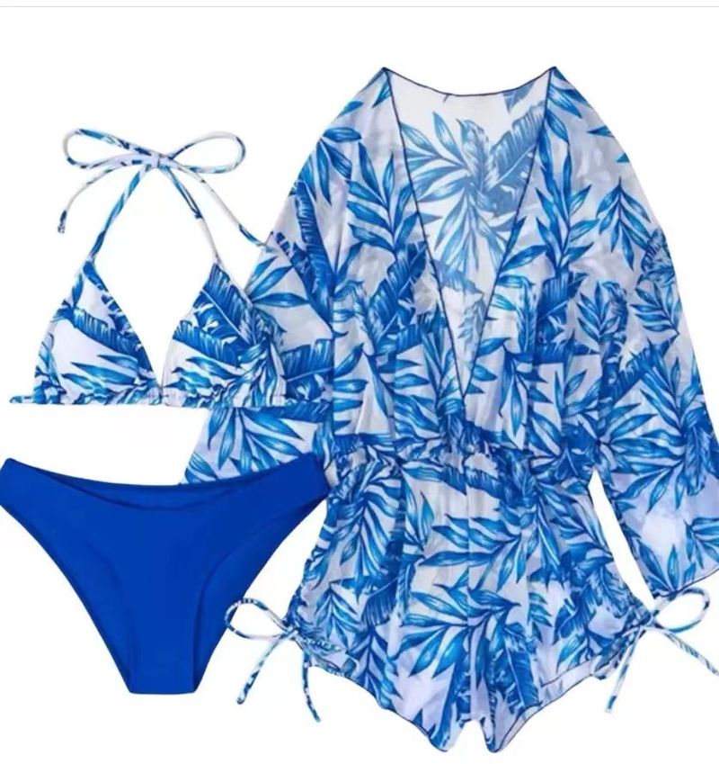 Verve 2025 Long Sleeve Three-Piece Set Mesh Waist Drawstring Printed Two-Piece Bikini Swimsuit For Women_voghion.com