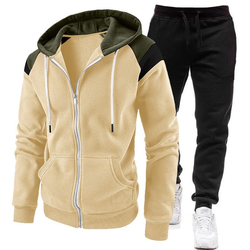 Nueva sudadera con capucha, suéter, pantalones, conjunto deportivo informal de felpa para otoño e invierno con cremallera a juego de colores para hombres_voghion.com