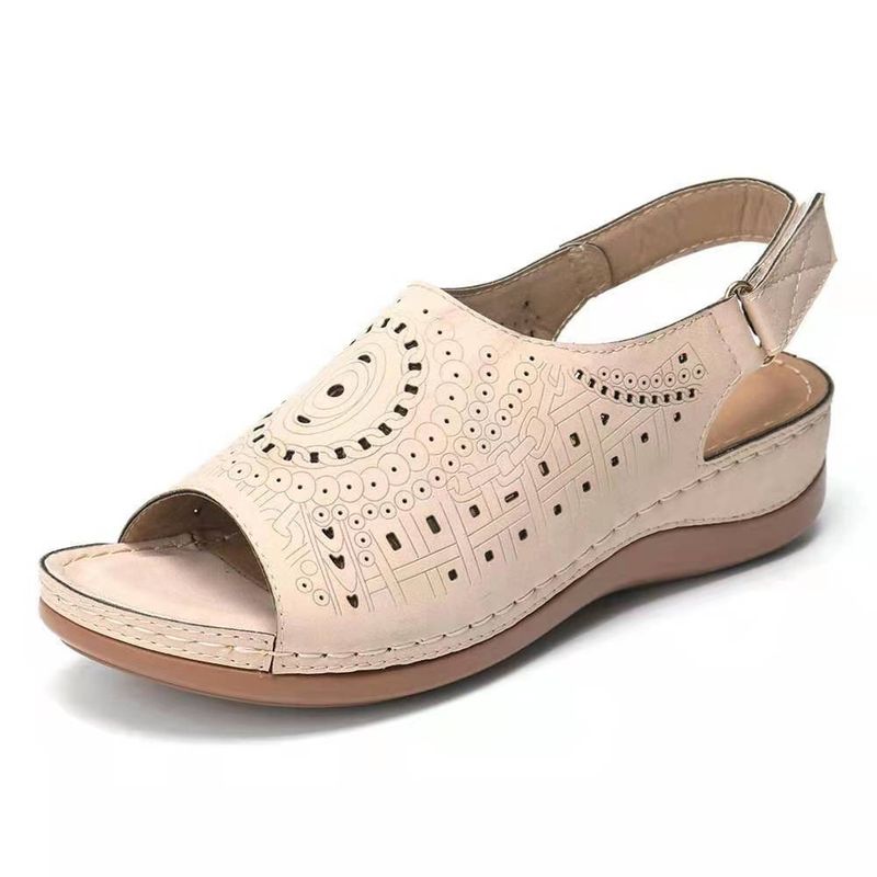 2025 Summer New Large Slope Sandals Women's Hollow Flat Heel Open Toe Buckle With Hole Shoes_voghion.com