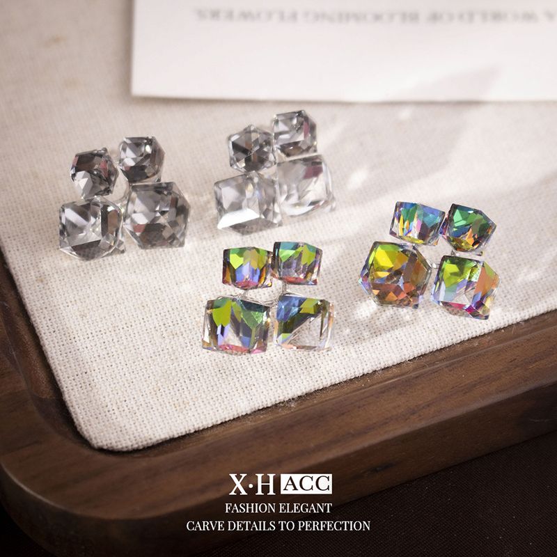 Orecchini a forma di cubo di zucchero in cristallo colorato con ago d'argento, geometrici, 3D, per donne, moda, alta qualità, senso di nicchia_voghion.com