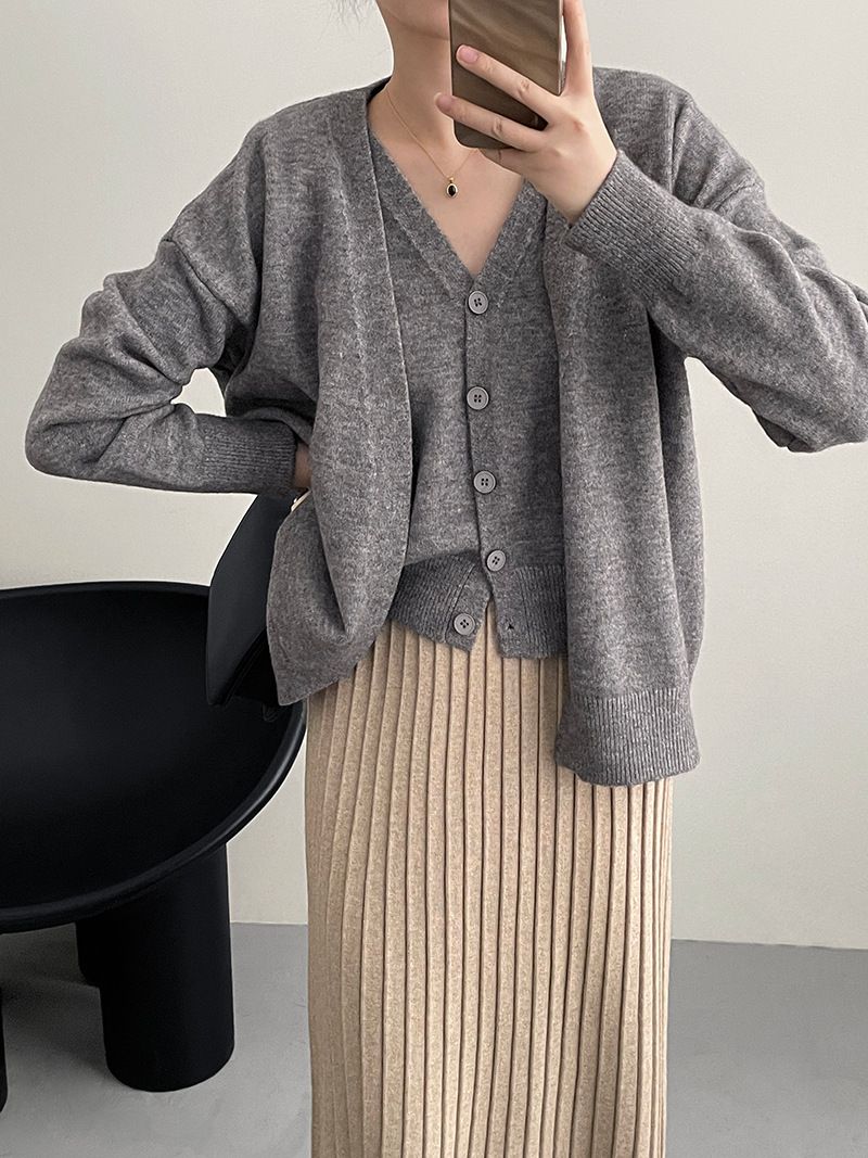Frauen Kleidung strickjacke zwei stück set herbst neue Koreanische version einfache v-ausschnitt weiche wachsartige pullover weibliche weste_voghion.com