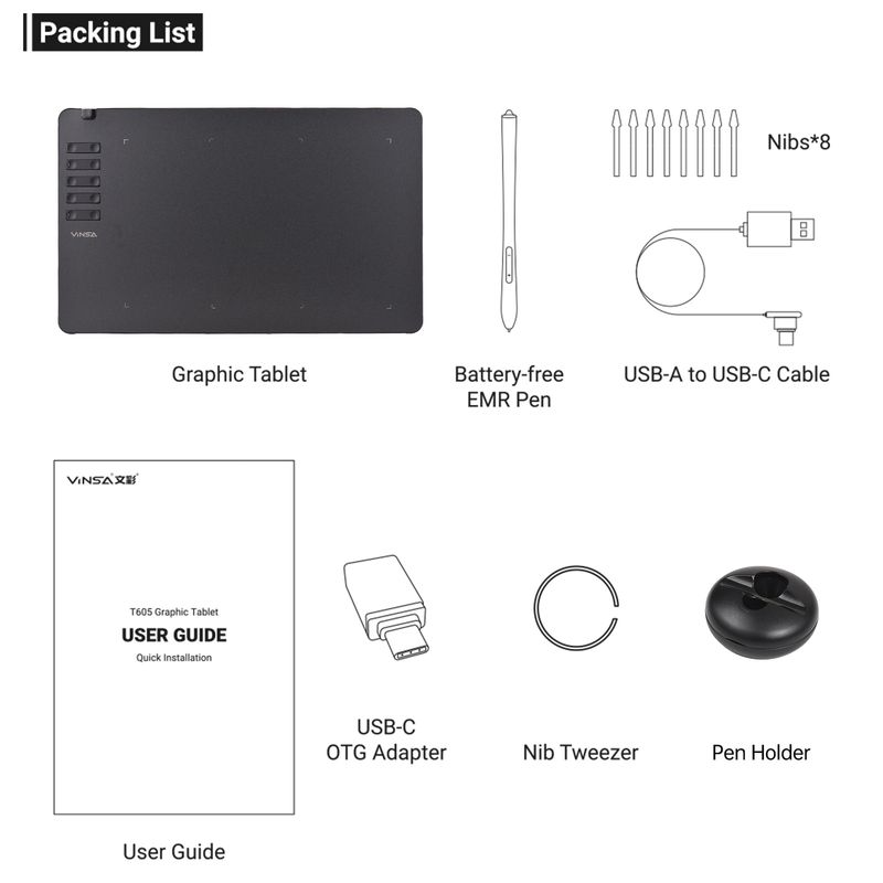 Vinsa T1161 Grafik-Zeichentablett, ultradünn, zum Erstellen von Kunstwerken, zum Skizzieren, mit batterielosem Stift, 8 Stiftspitzen, 8192 Stufen_voghion.com