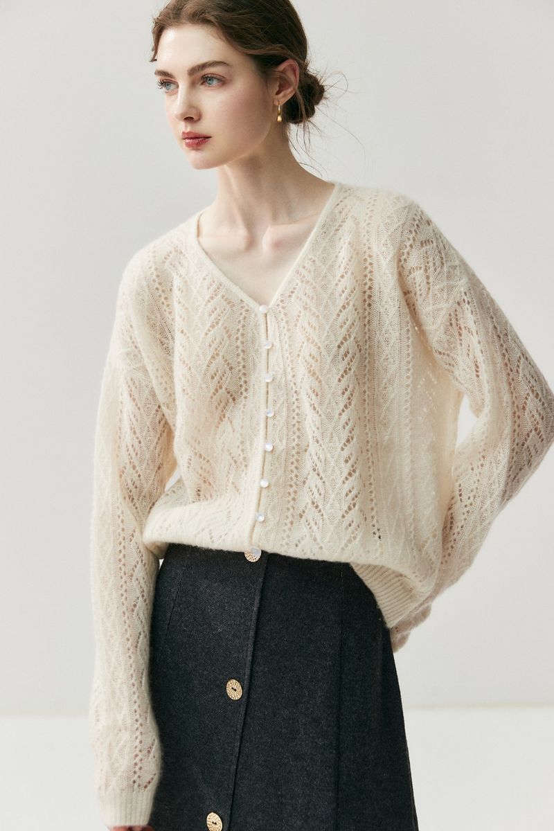 Sexy Knitted Cardigan For Women, Lightweight Cashmere Cardigan, Hollow Out Slightly Sheer Silk Velvet, Lazy Plus Size_voghion.com