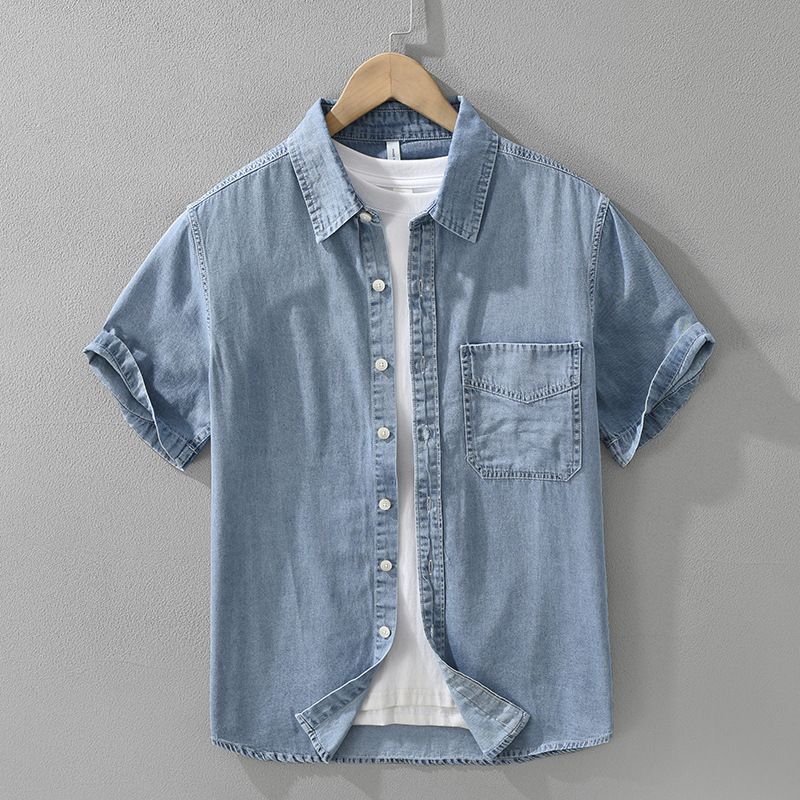 Camicia a maniche corte in denim retrò per uomo, alla moda e versatile, top largo artistico e casual_voghion.com