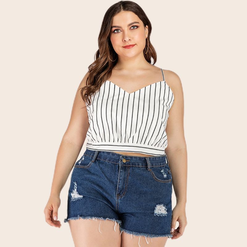 2023 Summer New Large Women's Black and White Stripe Bra Off Shoulder Sling Casual Tank Top JR327_voghion.com