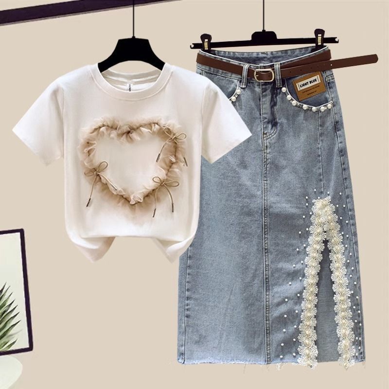 Damen Moud Short-sleeved Top Split Denim Rock Zwee-Stéck Set (Gürtel net abegraff)_voghion.com