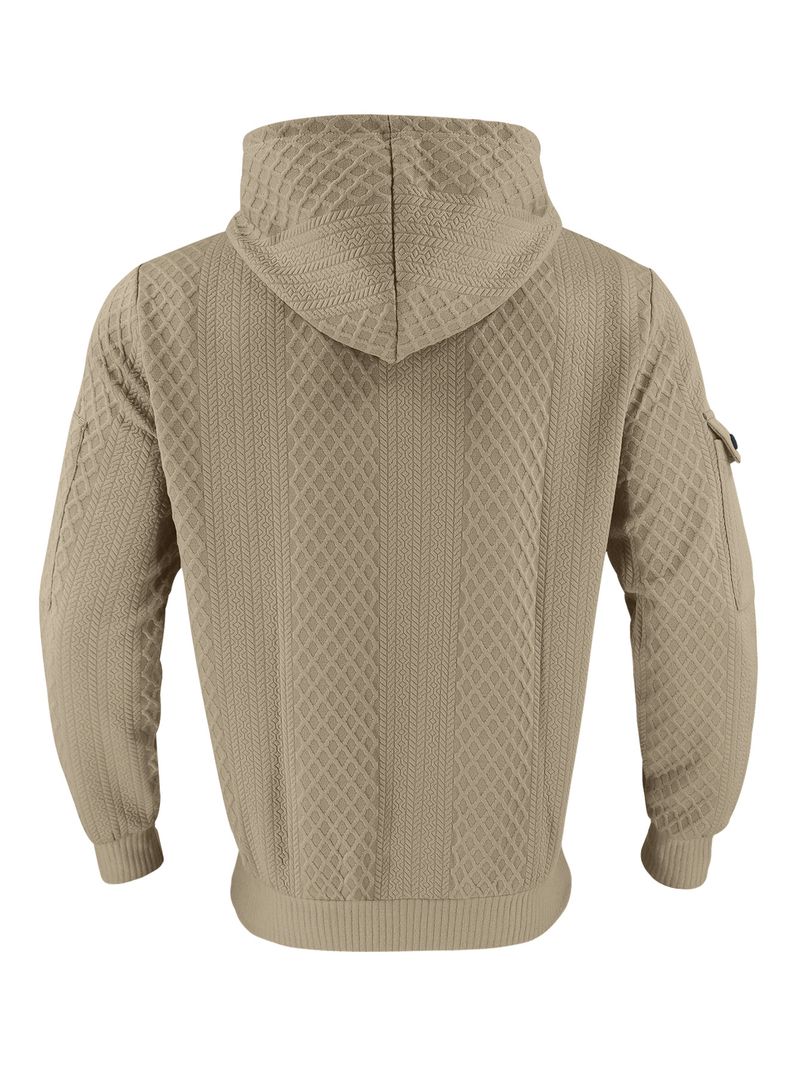 Herrenbekleidung – Kapuzenpullover mit Reißverschluss und Jacquard-Details – Streetwear-Pullover mit mehreren Taschen | Lässige Sportbekleidung in Weiß/Grau/Schwarz/Khaki/Armeegrün_voghion.com