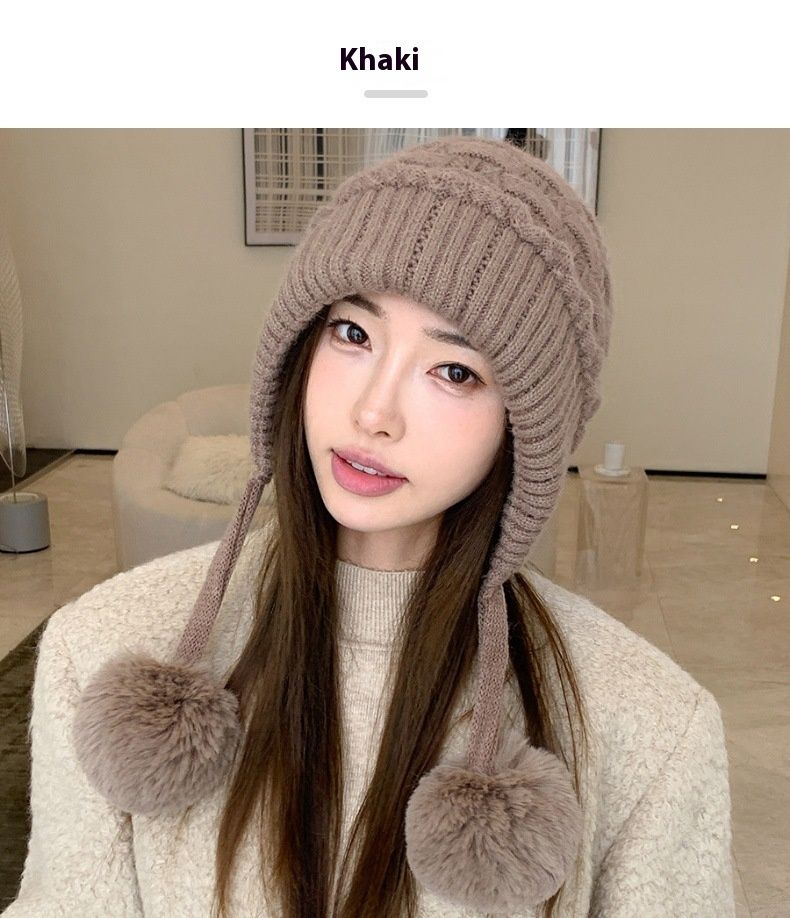 Lazy Style Förtjockad Dubbellagers Öronskydd Kylsäker Tre Ullbollar Kaninpälsmössa Barns Vinter sammet Ansiktsskydd Stickad mössa_voghion.com