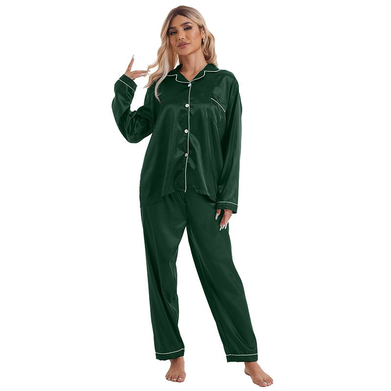 Homewear Turn-down Collar Ice Silk Pajamas Women's Sleeve Long Pants Two-piece Set Plus Size Satin_voghion.com
